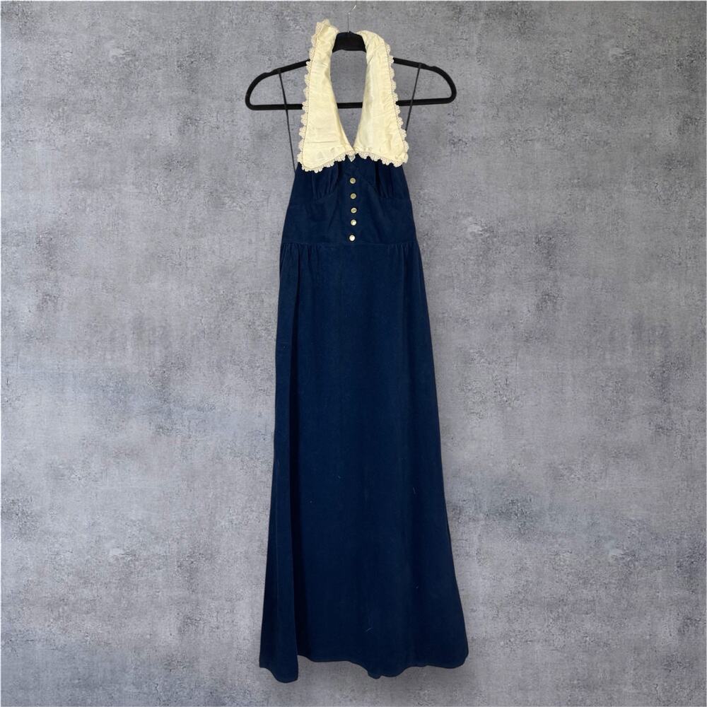 Vintage Navy Blue Halter Dress Lace Collar Cottage Luxe Small 7 Velour Victorian